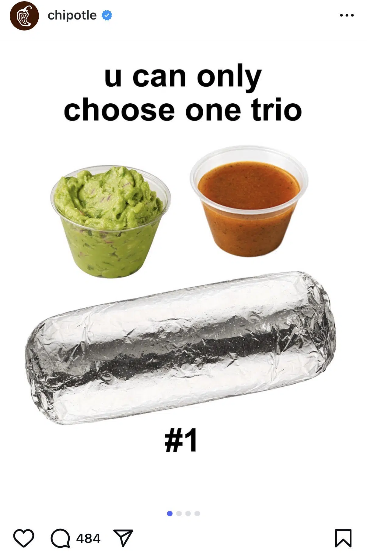 Instagram carousel from Chipotle featuring a series of “choose your trio” slides with different combinations of menu items