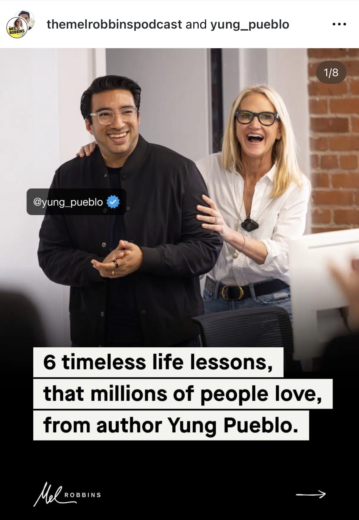 Instagram carousel from The Mel Robbins Podcast highlighting key takeaways from an episode featuring author Yung Pueblo
