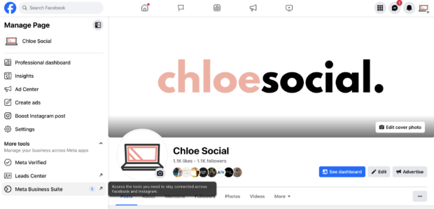 Facebook Manage Page select Meta Business Suite from left side bar