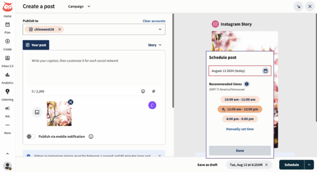 Schedule post on Hootsuite by selecting date and time to publish