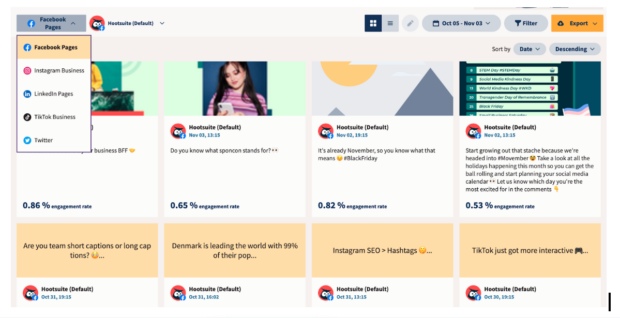 facebook report in hootsuite showing engagement rate across different posts