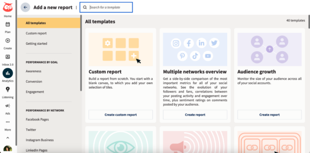 Hootsuite Analytics add a new report all templates