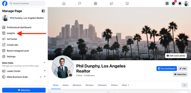 Facebook business page insights left hand menu