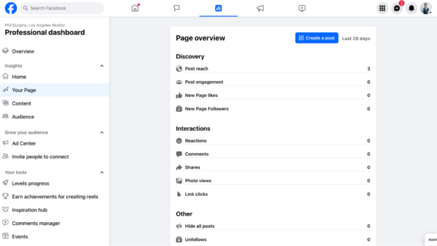 Facebook professional dashboard page overview