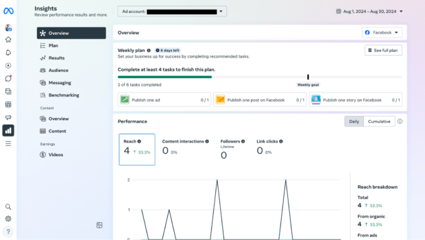 Meta Business Suite insights weekly plan and performance