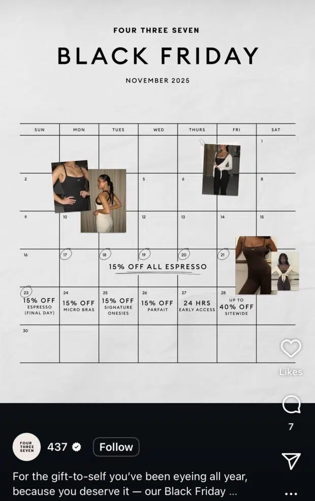 A clean, minimal calendar-style graphic from 437 outlining their Black Friday week schedule