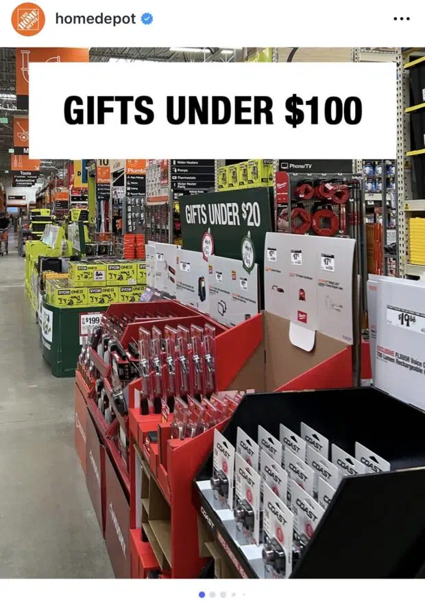 A Home Depot carousel featuring a variety of gift ideas categorized by price