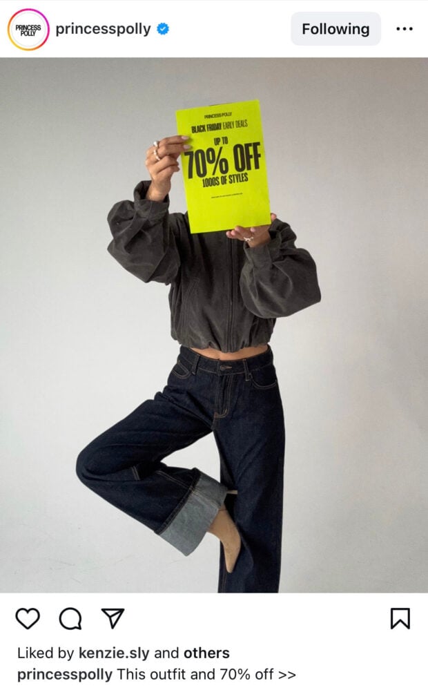 A Princess Polly Instagram post showing a person holding a bright neon-yellow Black Friday promo sign.