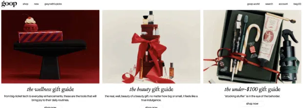 A grid of Goop-recommended holiday gift guides as part of a Black Friday campaign.