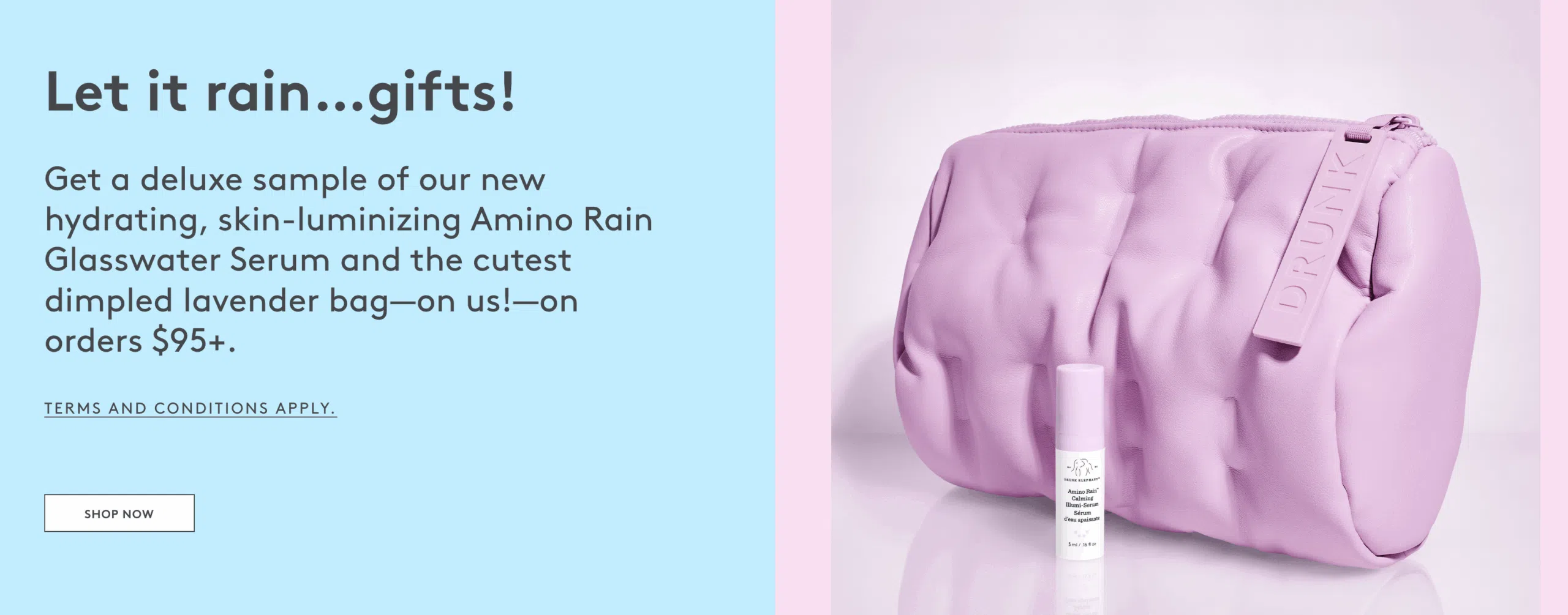 A Drunk Elephant website promo banner offering a free gift with a minimum purchase.