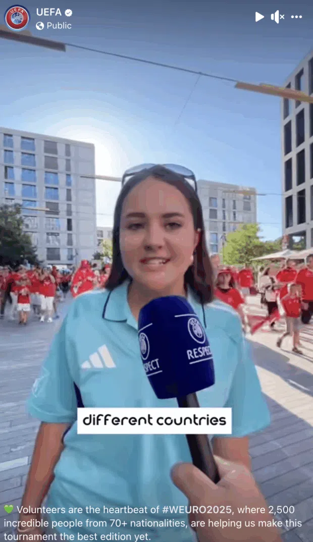Facebook video from UEFA football interviewing volunteers from its #WEURO2025 tournament.