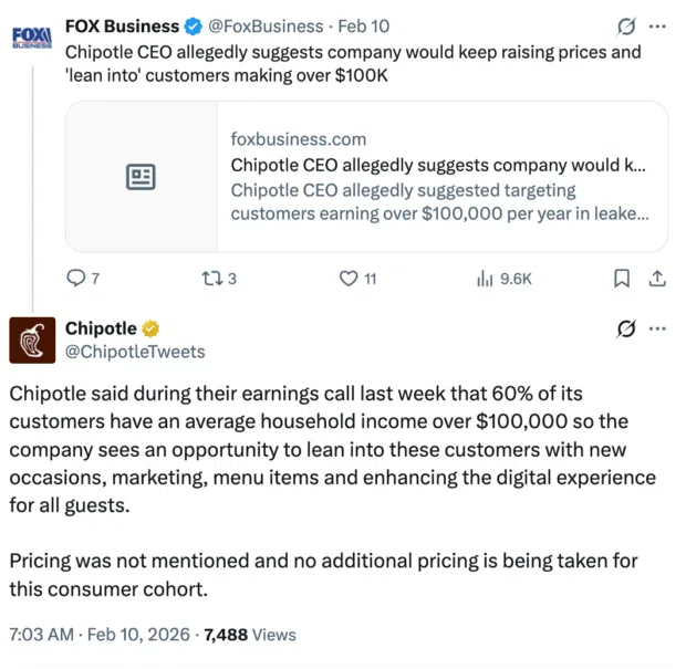 Chipotle responding to a negative headline on X