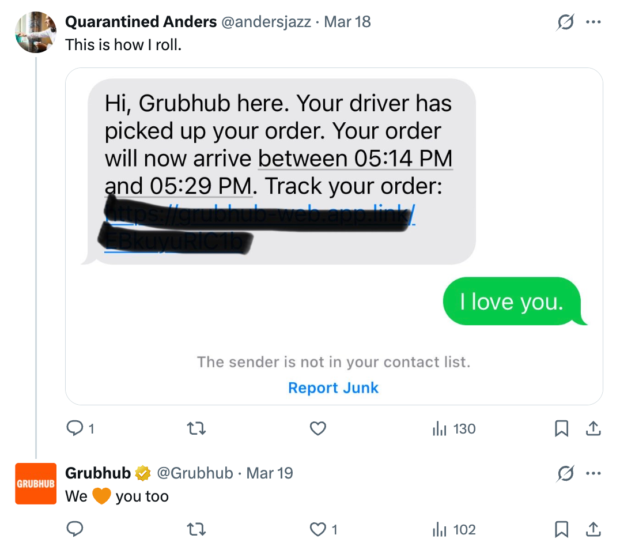 Grubhub responding to a positive tweet