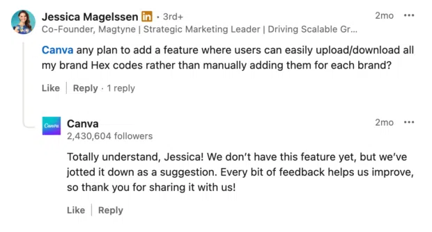 Example of Canva responding to public feedback on LinkedIn