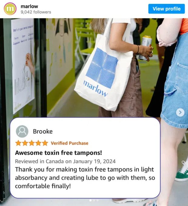 Marlow Instagram post that includes a screenshot of a 5-star customer review