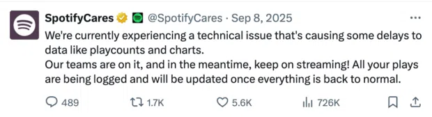 Spotify Cares X (Twitter) account updating users on a technical issue