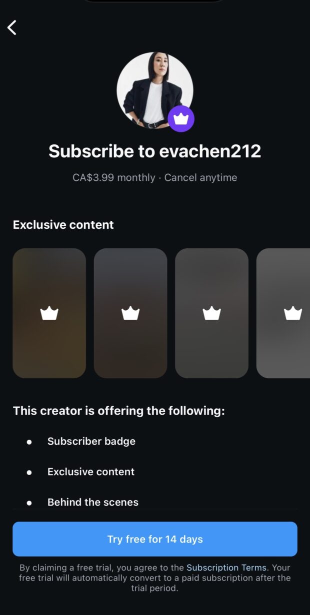 Instagram subscription screen