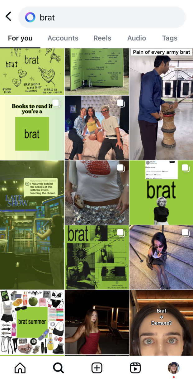 Instagram Explore page: Search results for the phrase "brat"