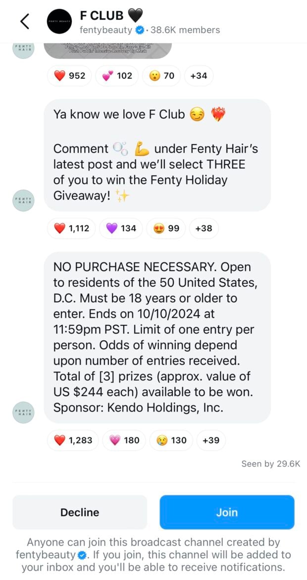 Fenty's broadcast channel on Instagram, F CLUB