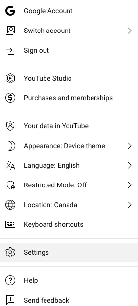 YouTube settings menu