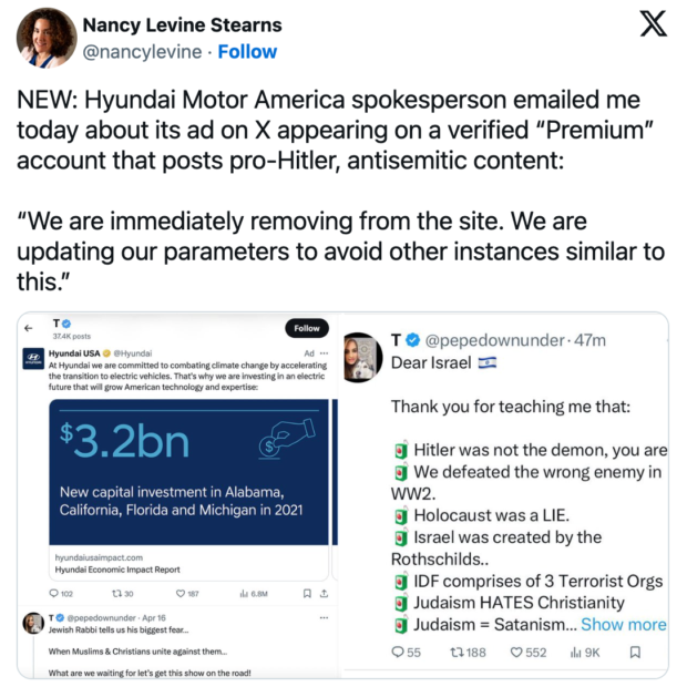 Tweet announcing Hyundai removing ads from X