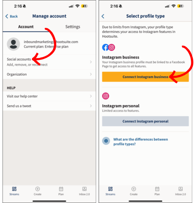 Hootsuite mobile manage social accounts and connect Instagram business