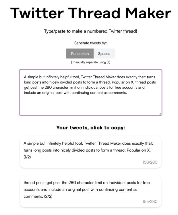 Twitter Thread Maker click to copy divided tweets