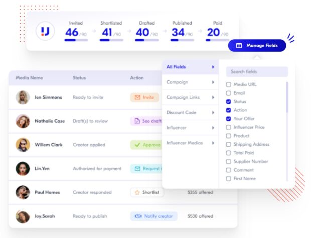 Upfluence manage fields status action and offer