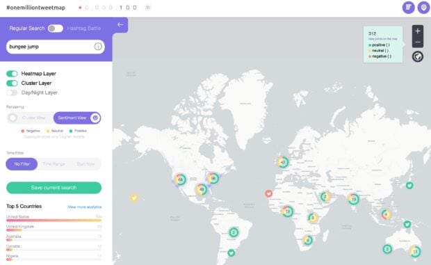 One Million Tweet Map bungee jump keyword search