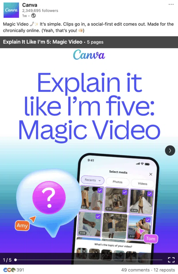 A Canva LinkedIn carousel post explaining how Canva’s Magic Video tool works
