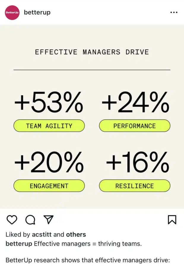 A BetterUp Instagram post four stats from their leadership research report