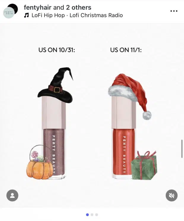 Alt text: A Fenty Beauty social post featuring two lip products wearing Halloween and Christmas accessories