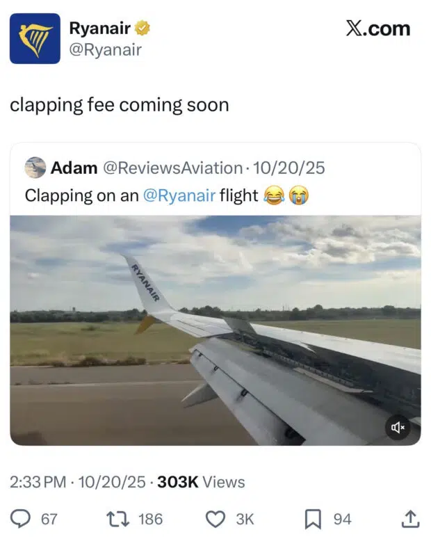 A Ryanair post on X poking fun at airline experiences