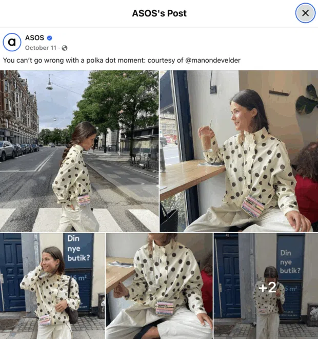 A Facebook post from ASOS featuring photos from an influencer