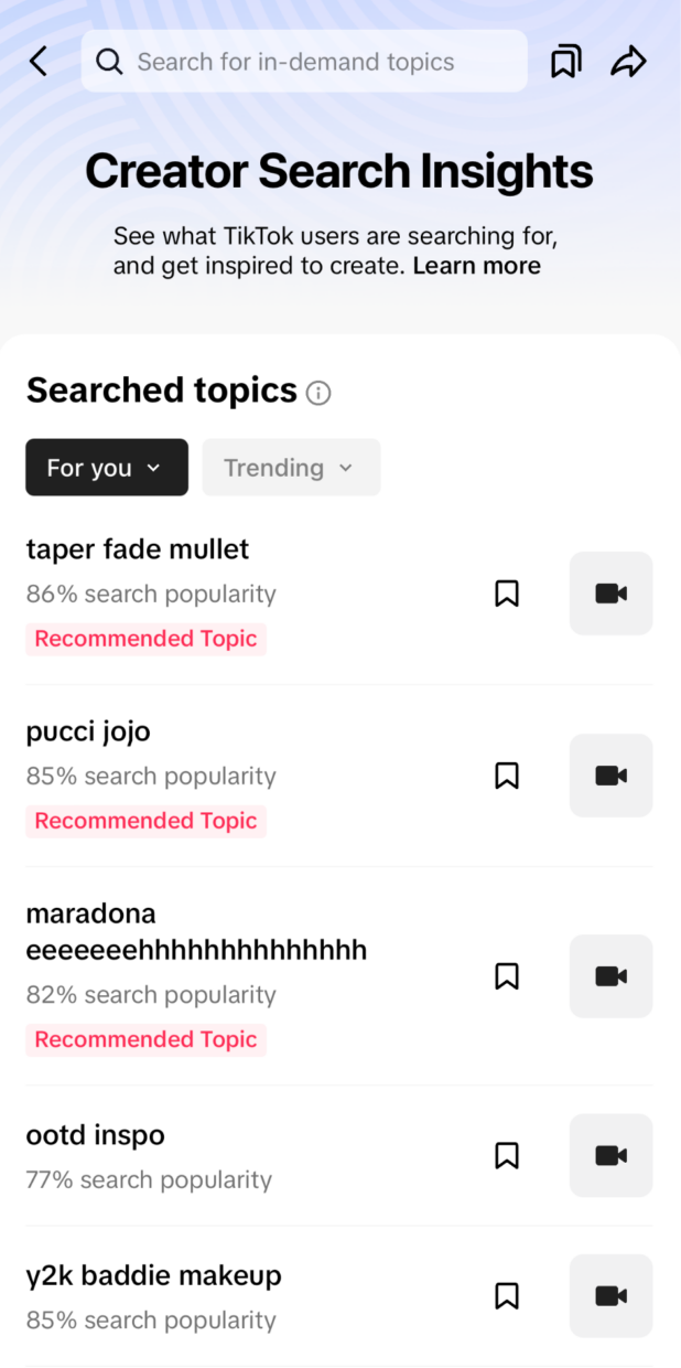 Creator Search Insight top searches including taper fade mullet