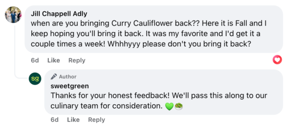 Facebook SweetGreen Curry Cauliflower comment reply