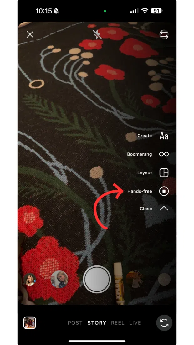 Stories camera hands free recording option