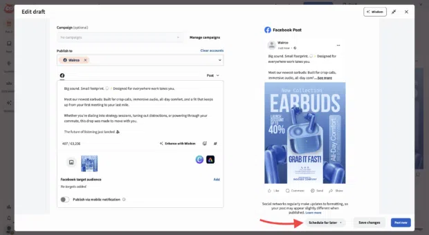 Perch post Composer showing the Schedule for later option for a Facebook post.