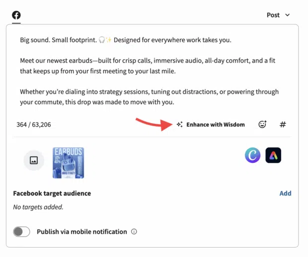 Perch by Hootsuite post composer showing the Enhance with Wisdom button and AI recommendations for improving a Facebook post.