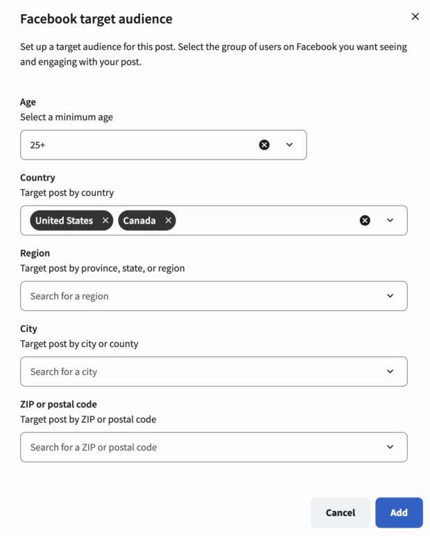 Perch post Competitor showing Facebook audience targeting options for a scheduled post.