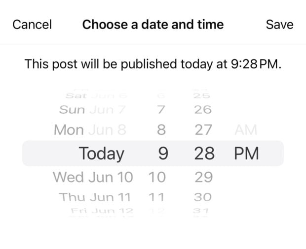 Choose a date and time screen for scheduling a post in the Facebook app