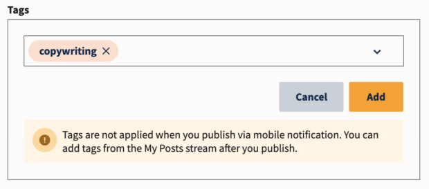 Tags field in Hootsuite Composer with a copywriting tag added