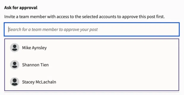 Ask for approval field in Hootsuite showing a list of team members