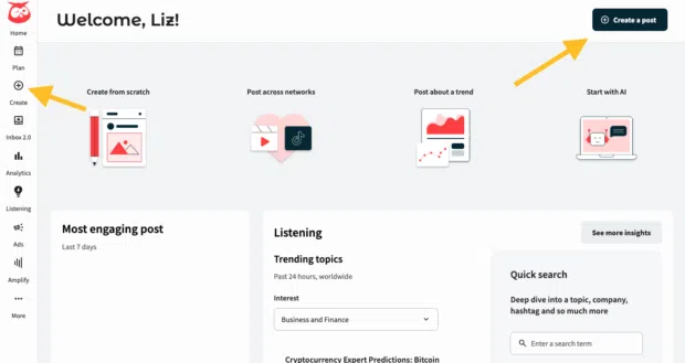 Hootsuite dashboard with arrows pointing to the Create menu and Create a post button