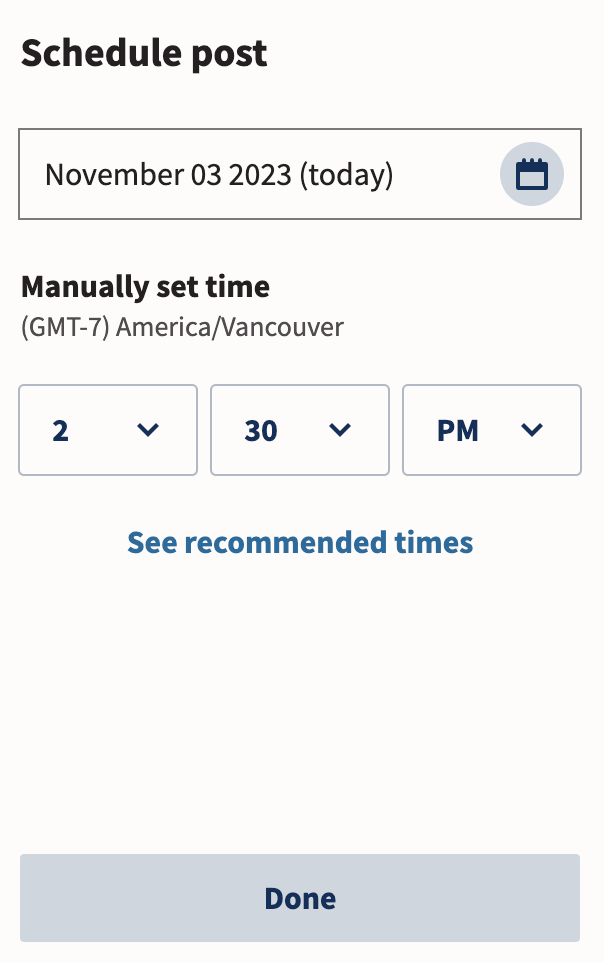 Schedule post window in Hootsuite with date and time dropdowns