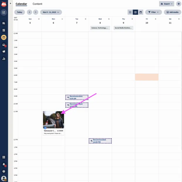 Hootsuite Planner calendar with an arrow pointing to a scheduled post
