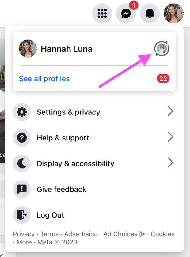 Facebook account menu with an arrow pointing to the profile switch icon