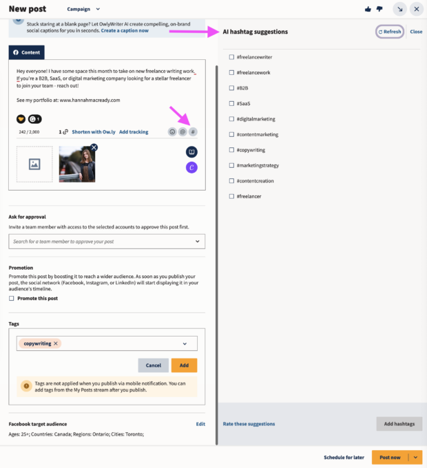 AI hashtag suggestions panel in Hootsuite Composer