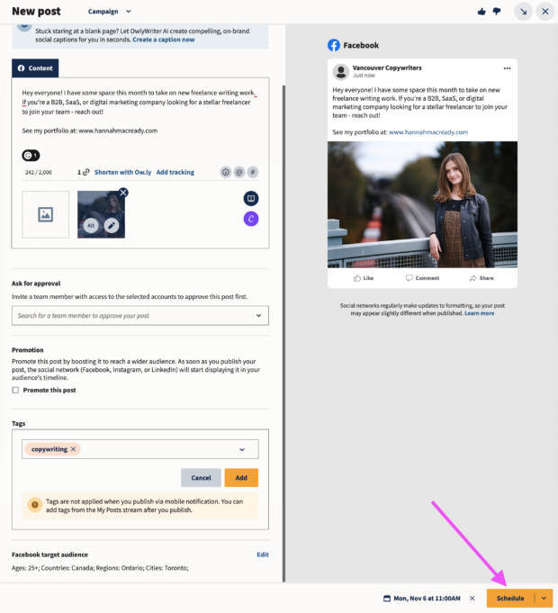 Arrow pointing to the Schedule button in Hootsuite Composer