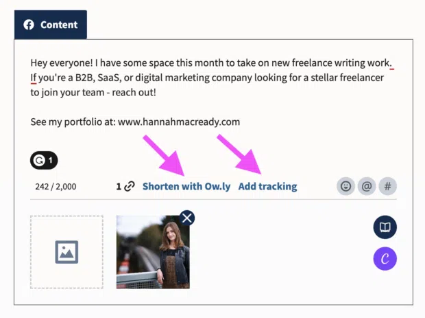 Arrows pointing to the Shorten with Ow.ly and Add tracking options in Hootsuite Composer